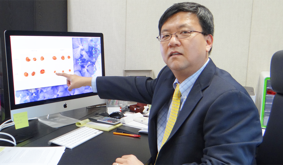 명 단장이 DNA 복구 과정 중 하나가 고장 난 마우스에서 자란 암세포를 가리키며, 특정 화합물(화합물 418번)을 처리하자 암세포를 죽일 수 있었다고 설명하고 있다. 