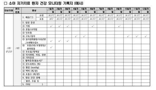 소아 자가치료 환자 건강 모니터링 기록지 예시