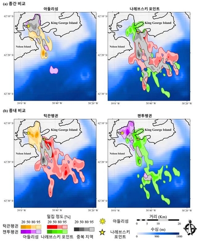 남극펭귄의 종별, 번식지별 펭귄 사냥지역 분포