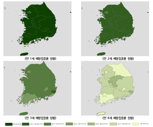 지역별 예방접종률(색이 진할수록 수치가 높음)