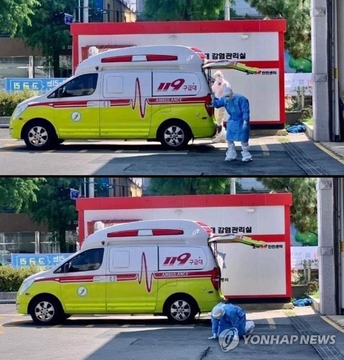 탈진해 무릎 꿇은 의료진